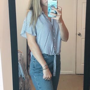 Blue and white striped flowy crop top